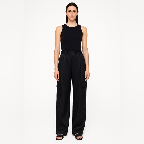 Babaton Aritzia Outgoing Cargo Trouser Pants Black Satin Wide Leg NWT Size 8
